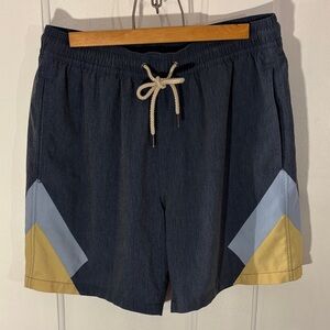 Fair Harbor Men's Swim Trunks in Navy with Yellow and Light Blue Accents